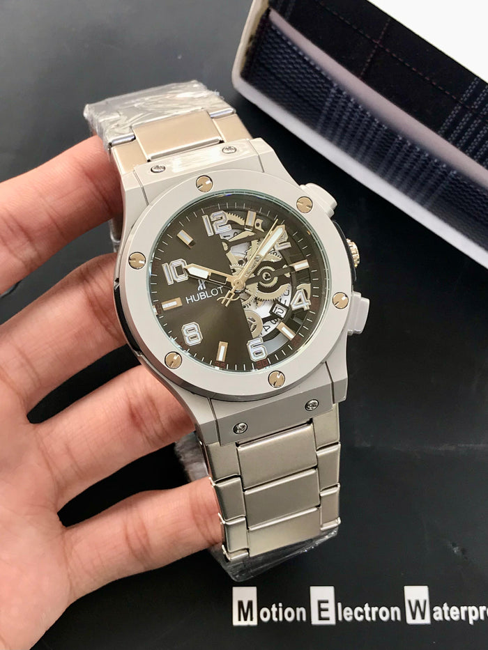Hublot Inspired Men’s Luxury Watch – Half Skeleton Dial, Stainless Steel Chain, Quartz Movement
